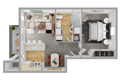 a 3d floor plan of a bedroom with a bathroom and a living room